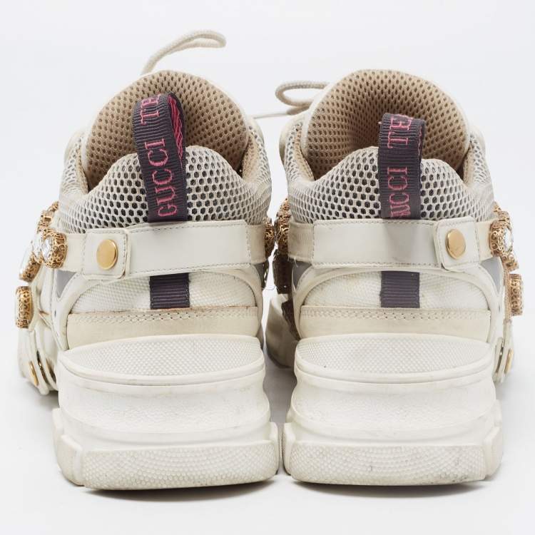 Pre Owned Gucci White Leather and Mesh Flashtrek Rhinestone Sneakers Size 42