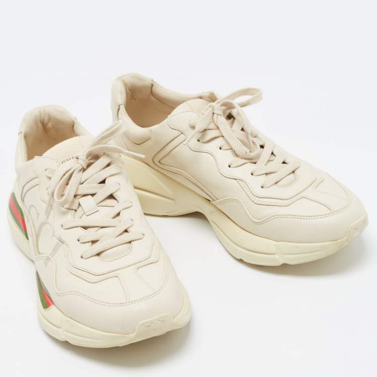 Pre Owned Gucci Cream Leather Gucci Logo Rhyton Sneakers Size 43