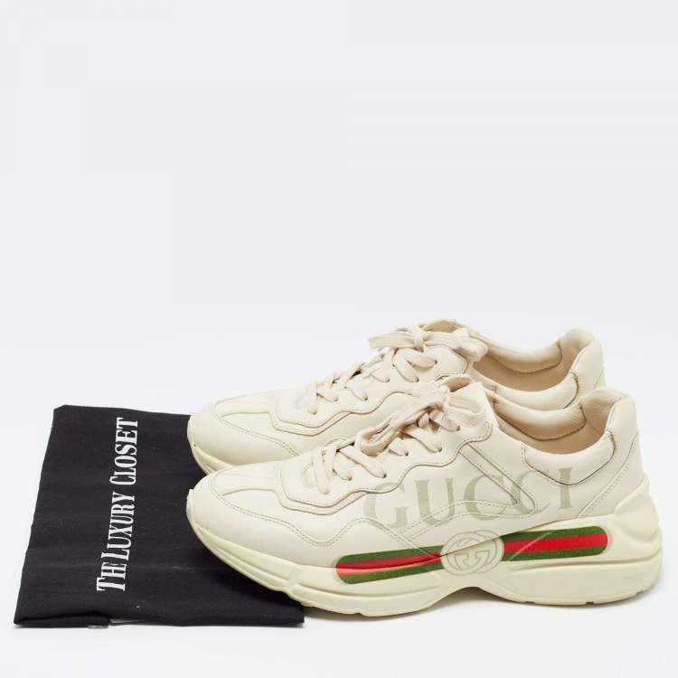 Pre Owned Gucci Cream Leather Gucci Logo Rhyton Sneakers Size 43