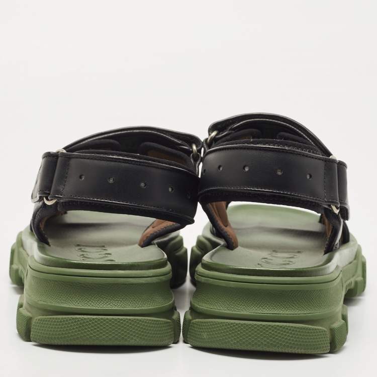 Pre Owned Gucci Black/Green Leather and Mesh Sega Sandals Size 44