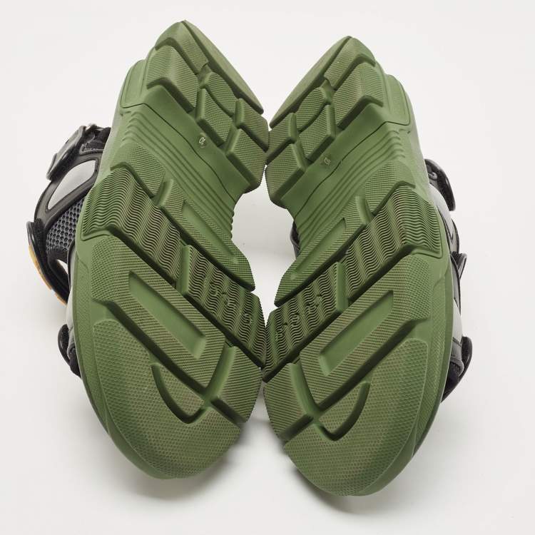 Pre Owned Gucci Black/Green Leather and Mesh Sega Sandals Size 44