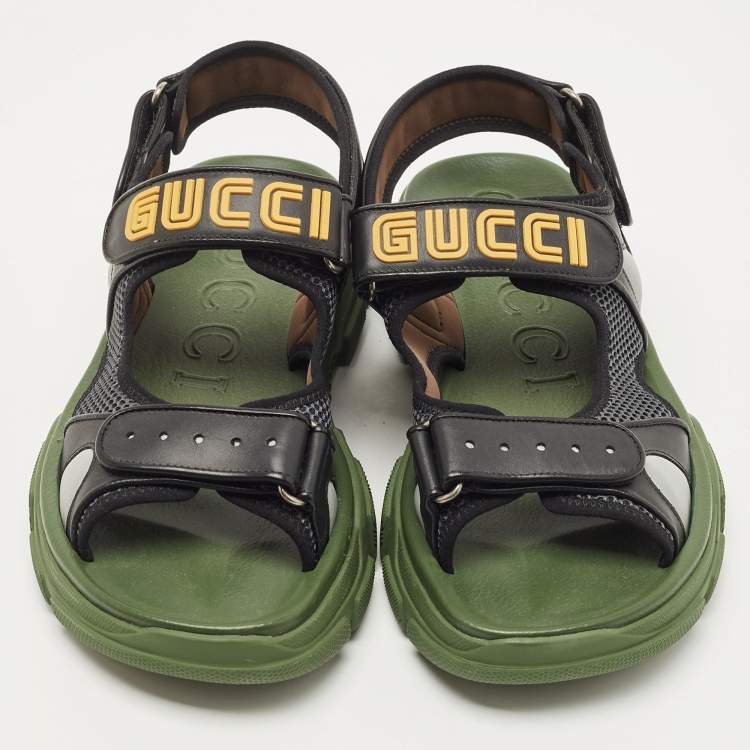 Pre Owned Gucci Black/Green Leather and Mesh Sega Sandals Size 44
