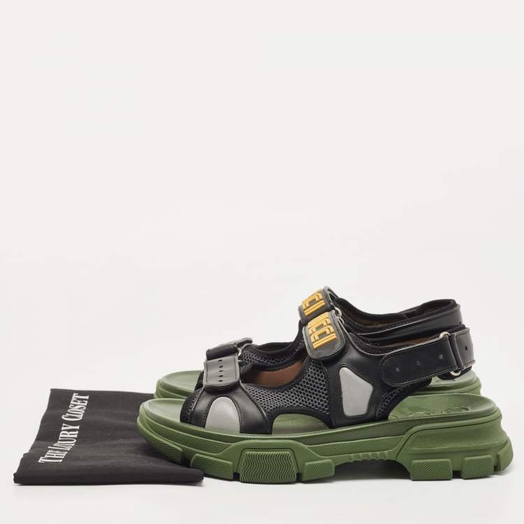 Pre Owned Gucci Black/Green Leather and Mesh Sega Sandals Size 44