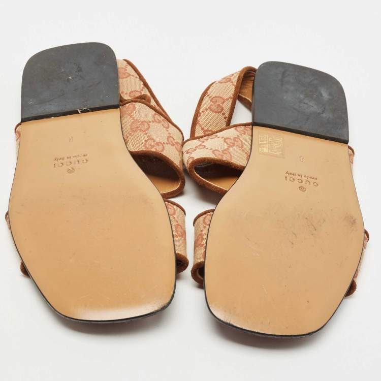 Pre Owned Gucci Beige/Red GG Canvas Flat Sandals Size 42
