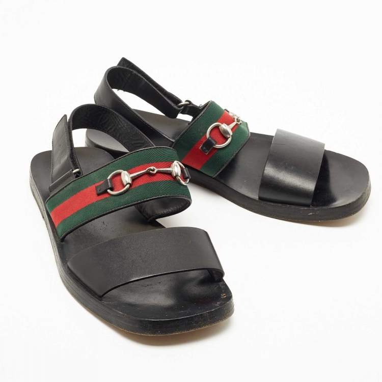Pre Owned Gucci Black Leather and Canvas Horsebit Web Flat Sandals Size 44
