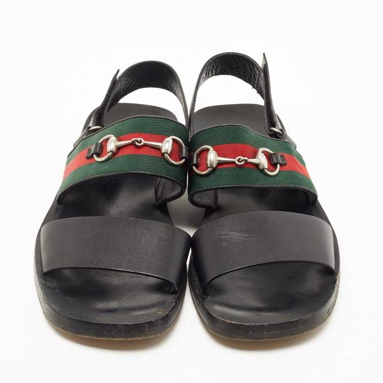 Pre Owned Gucci Black Leather and Canvas Horsebit Web Flat Sandals Size 44