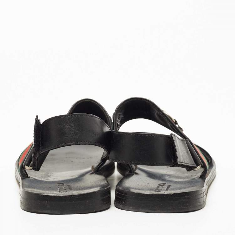 Pre Owned Gucci Black Leather and Canvas Horsebit Web Flat Sandals Size 44