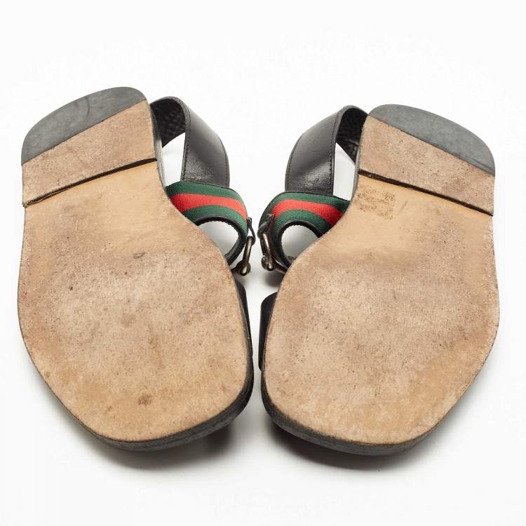 Pre Owned Gucci Black Leather and Canvas Horsebit Web Flat Sandals Size 44