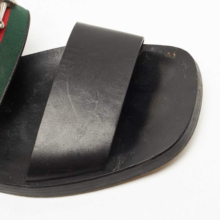Pre Owned Gucci Black Leather and Canvas Horsebit Web Flat Sandals Size 44