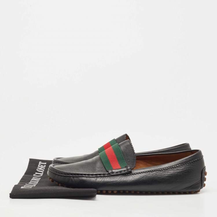 Pre Owned Gucci Black Leather Web Slip On Loafers Size 42.5