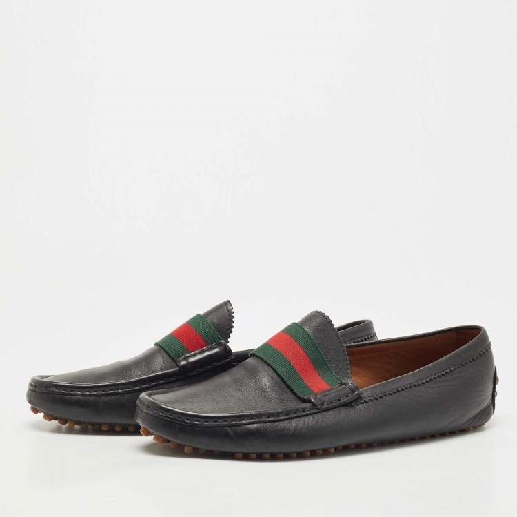 Pre Owned Gucci Black Leather Web Slip On Loafers Size 42.5