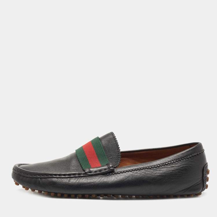 Pre Owned Gucci Black Leather Web Slip On Loafers Size 42.5