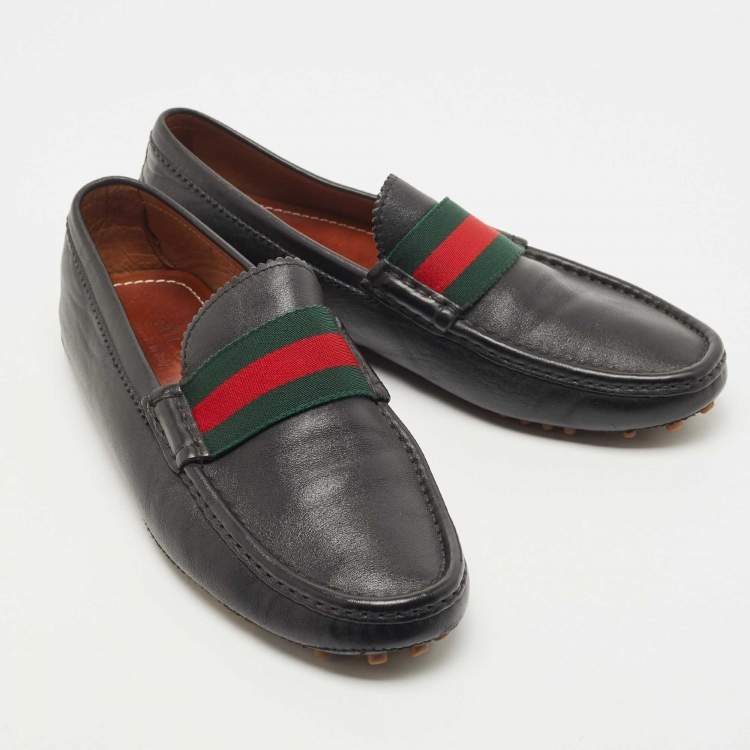 Pre Owned Gucci Black Leather Web Slip On Loafers Size 42.5