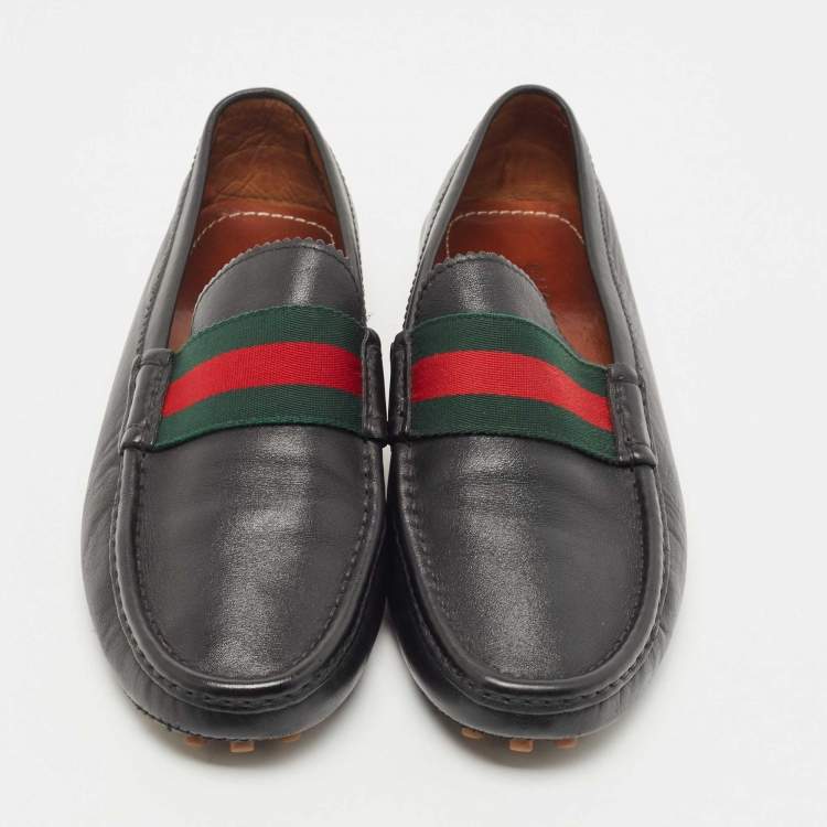 Pre Owned Gucci Black Leather Web Slip On Loafers Size 42.5