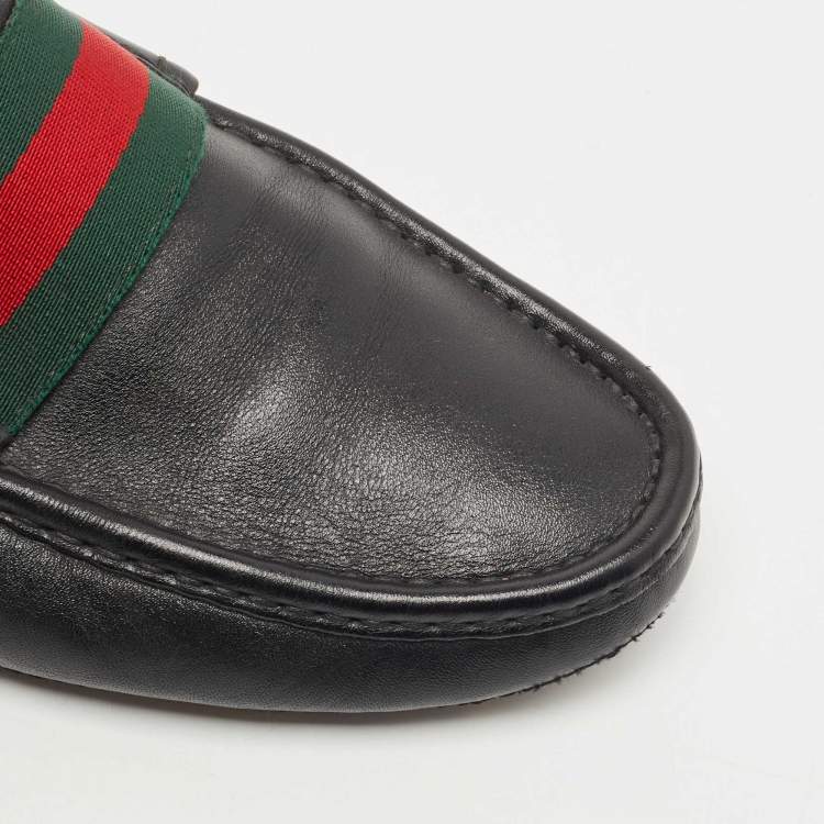Pre Owned Gucci Black Leather Web Slip On Loafers Size 42.5