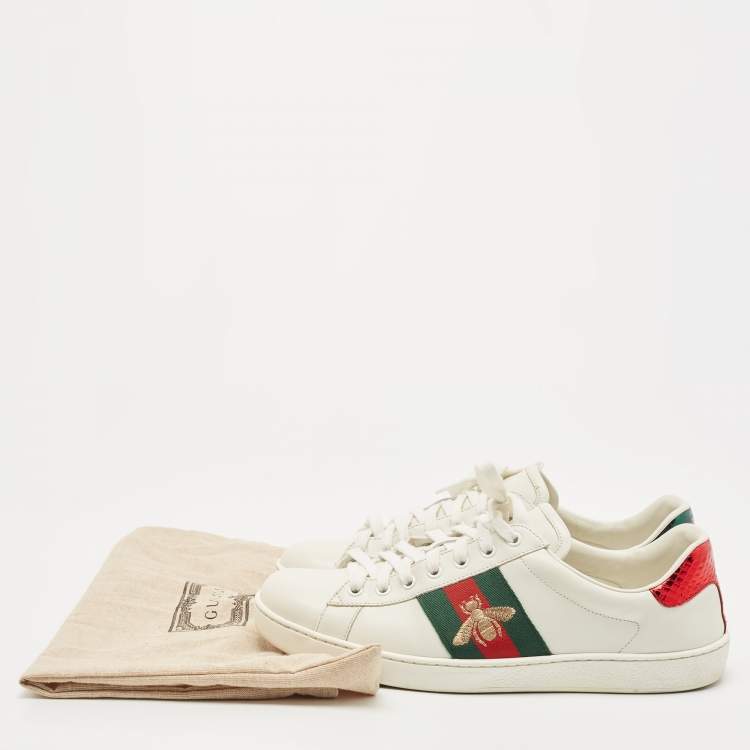 Pre Owned Gucci White Leather Ace Bee Web Low Top Sneakers Size 42.5