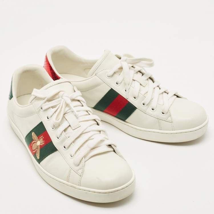 Pre Owned Gucci White Leather Ace Bee Web Low Top Sneakers Size 42.5