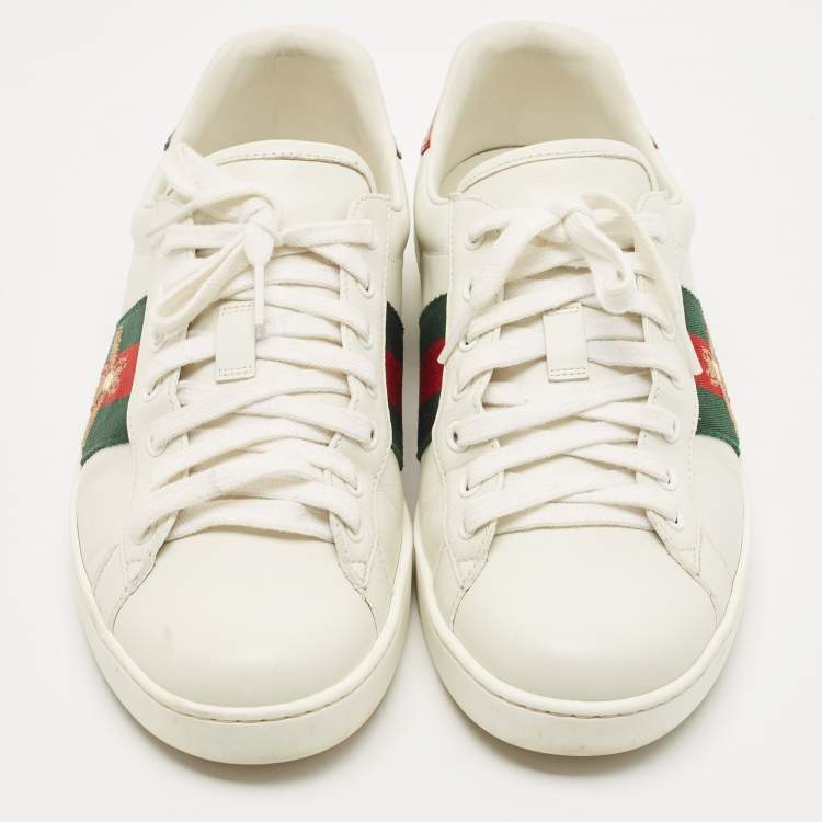 Pre Owned Gucci White Leather Ace Bee Web Low Top Sneakers Size 42.5