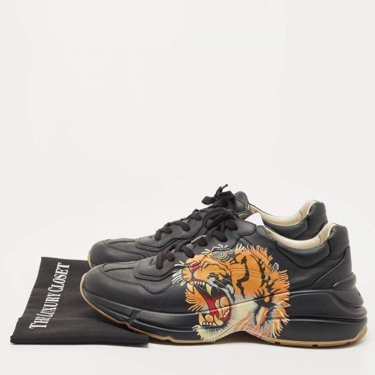 Pre Owned Gucci Black Leather Tiger Rhyton Low Top Sneakers Size 44