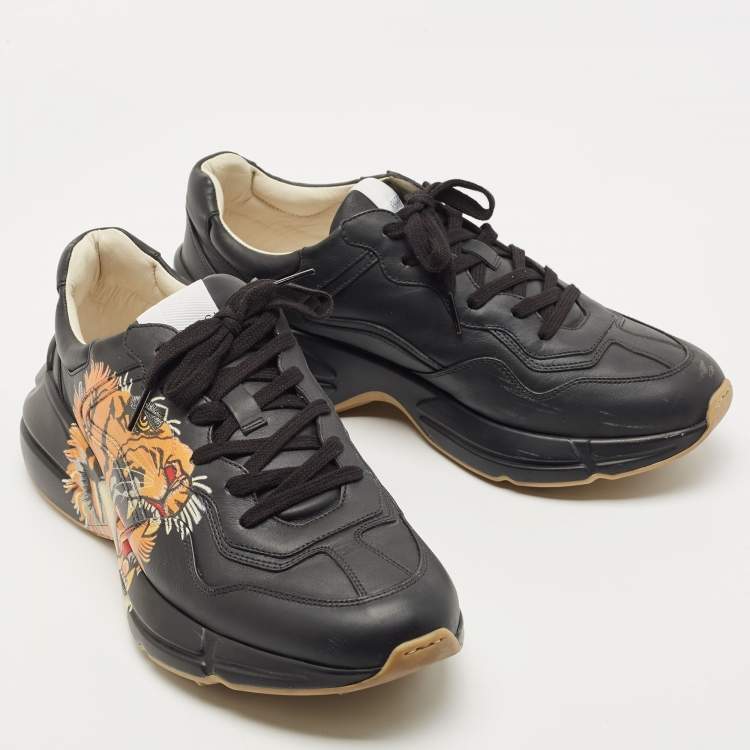 Pre Owned Gucci Black Leather Tiger Rhyton Low Top Sneakers Size 44