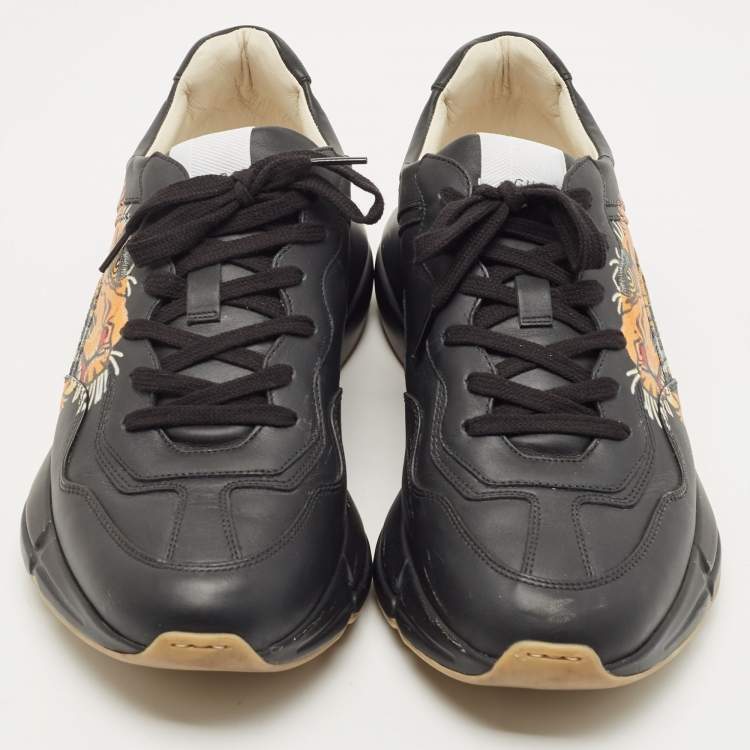 Pre Owned Gucci Black Leather Tiger Rhyton Low Top Sneakers Size 44