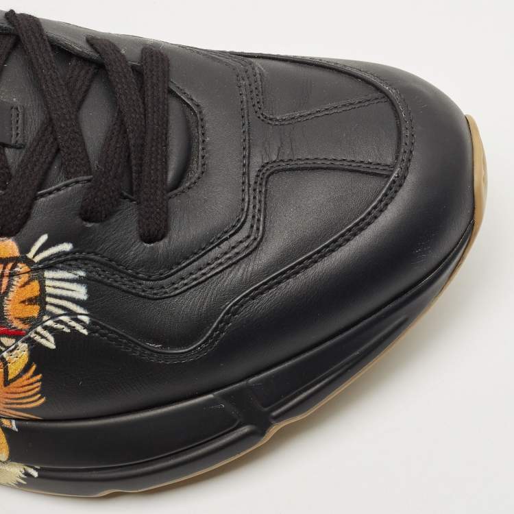 Pre Owned Gucci Black Leather Tiger Rhyton Low Top Sneakers Size 44