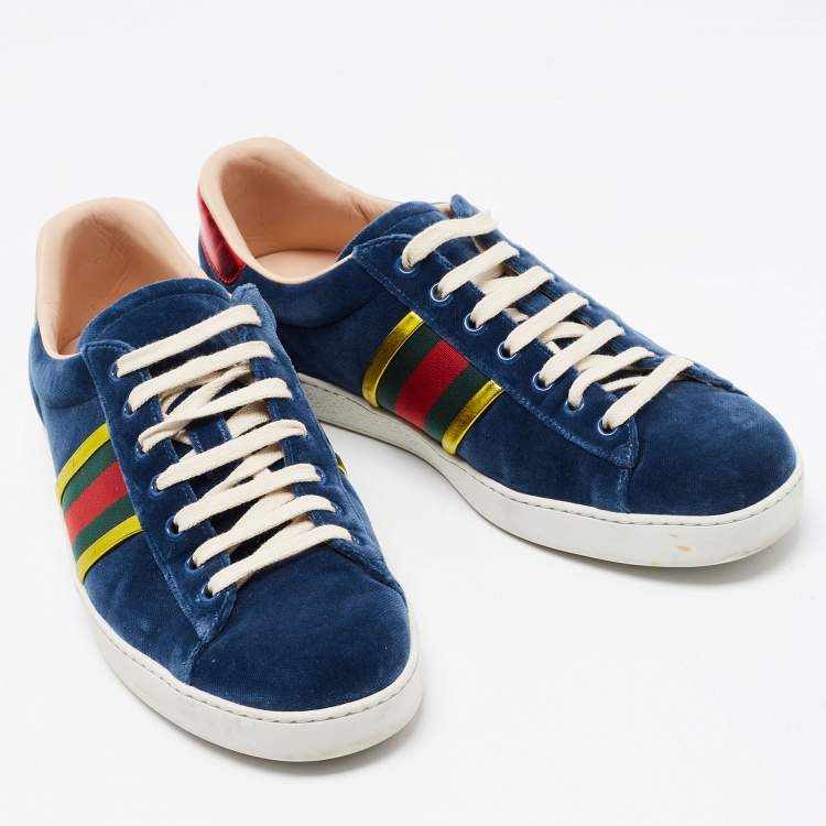 Pre Owned Gucci Blue Velvet Ace Web Low Top Sneakers Size 44