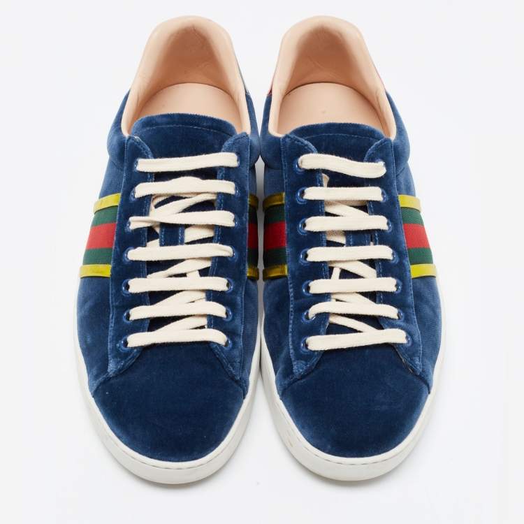 Pre Owned Gucci Blue Velvet Ace Web Low Top Sneakers Size 44