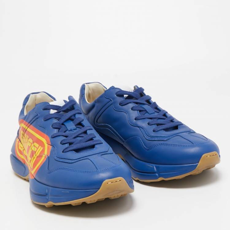 Pre Owned Gucci Blue Leather Logo Rhyton Low Top Sneakers Size 44