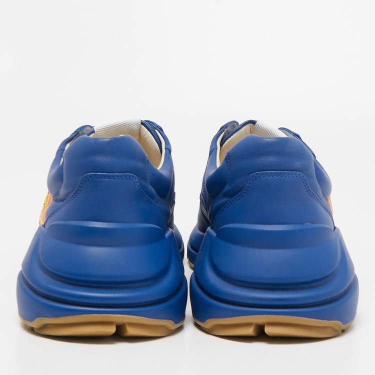 Pre Owned Gucci Blue Leather Logo Rhyton Low Top Sneakers Size 44