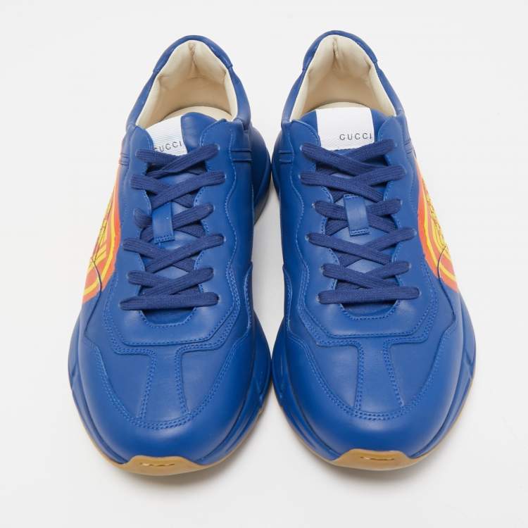 Pre Owned Gucci Blue Leather Logo Rhyton Low Top Sneakers Size 44