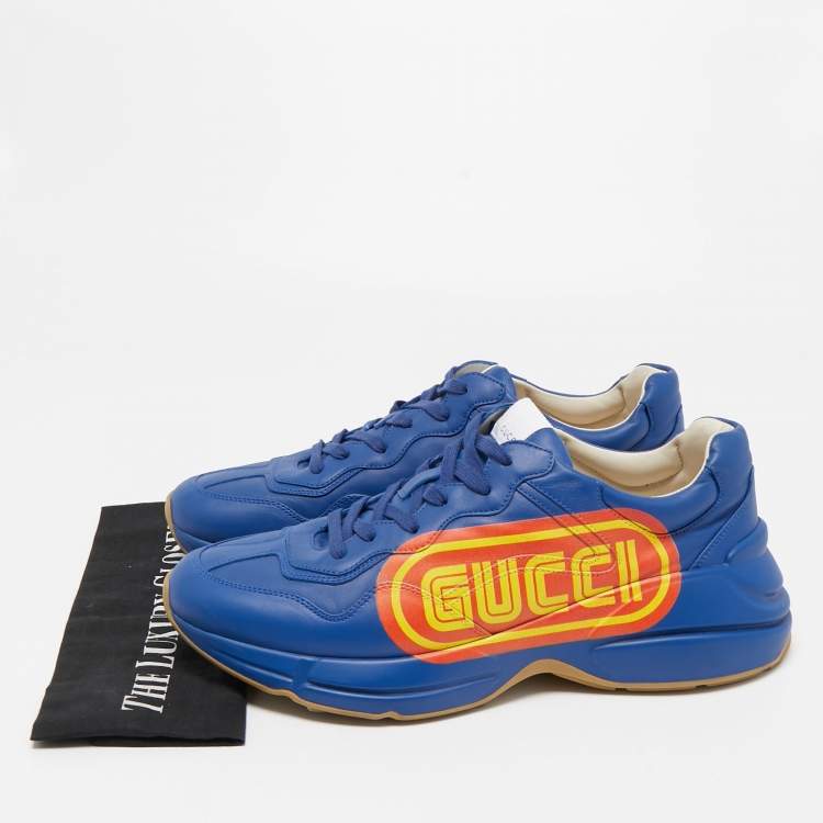 Pre Owned Gucci Blue Leather Logo Rhyton Low Top Sneakers Size 44