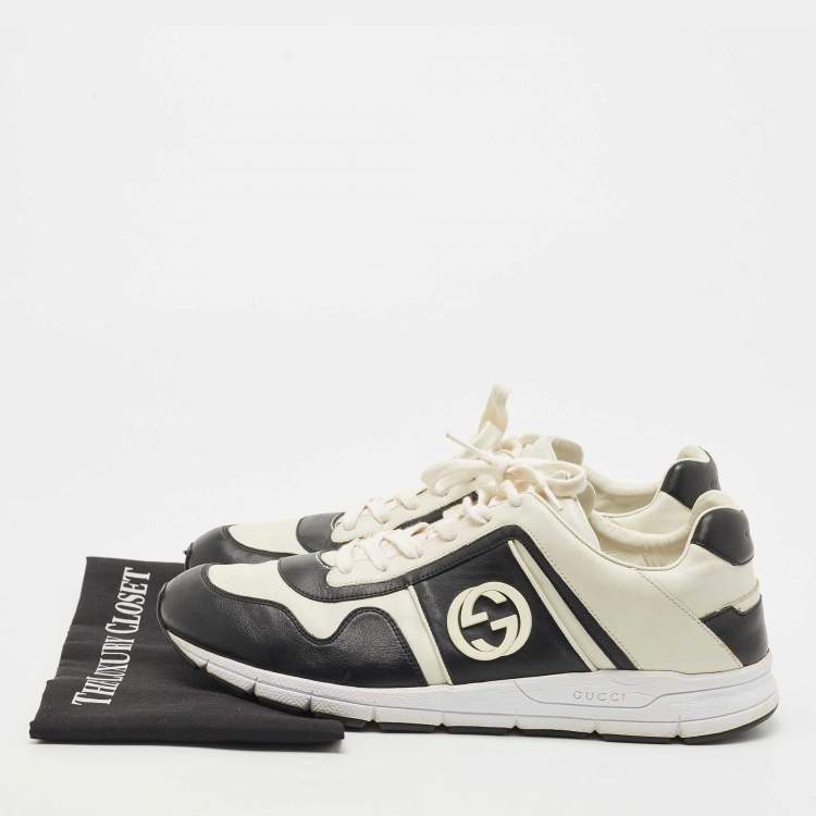 Pre Owned Gucci Whte/Black Leather Interlocking G Logo Low Top Sneakers Size 45.5
