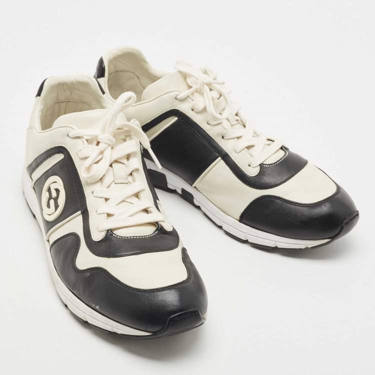 Pre Owned Gucci Whte/Black Leather Interlocking G Logo Low Top Sneakers Size 45.5