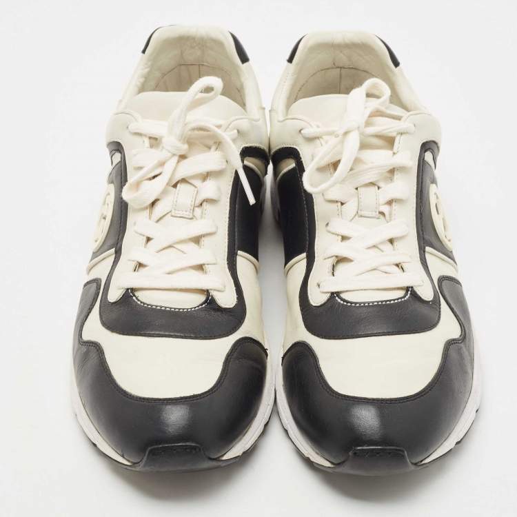 Pre Owned Gucci Whte/Black Leather Interlocking G Logo Low Top Sneakers Size 45.5