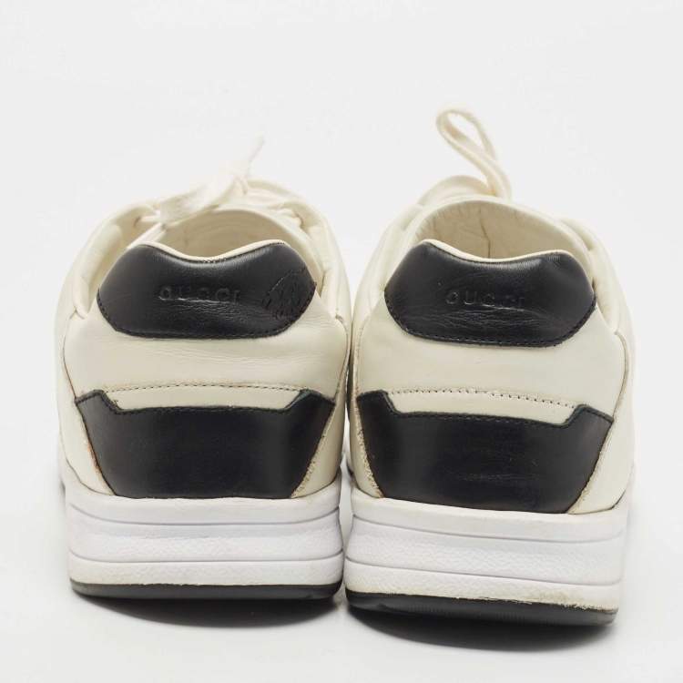 Pre Owned Gucci Whte/Black Leather Interlocking G Logo Low Top Sneakers Size 45.5