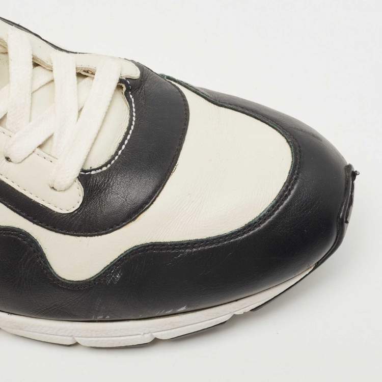 Pre Owned Gucci Whte/Black Leather Interlocking G Logo Low Top Sneakers Size 45.5