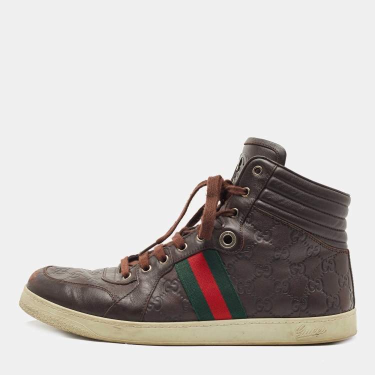 Gucci Dark Brown Guccissima Leather Web High Top Sneakers Size 45 Gucci ...