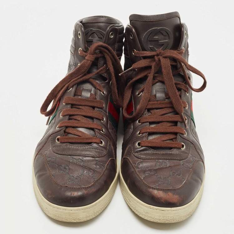 Pre Owned Gucci Dark Brown Guccissima Leather Web High Top Sneakers Size 45