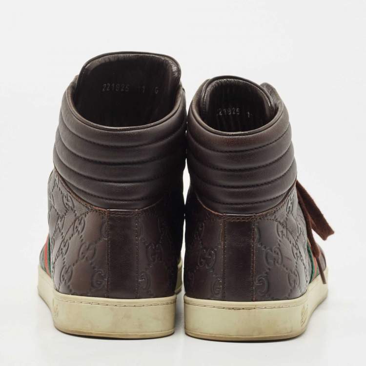 Pre Owned Gucci Dark Brown Guccissima Leather Web High Top Sneakers Size 45