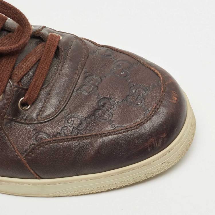 Pre Owned Gucci Dark Brown Guccissima Leather Web High Top Sneakers Size 45