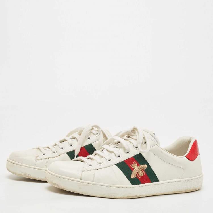 Pre Owned Gucci White Leather Embroidered Bee Ace Sneakers Size 45