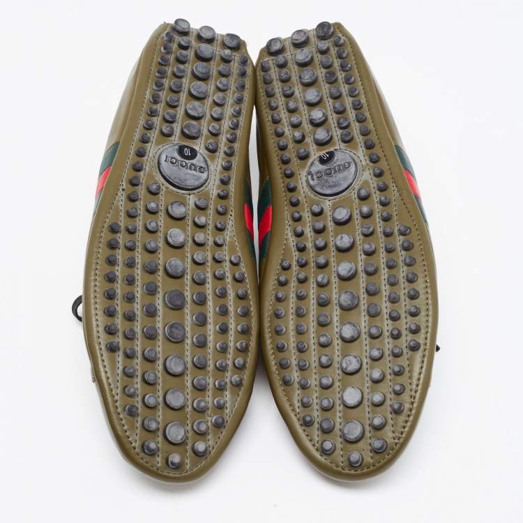 Pre Owned Gucci Army Green Leather Web Low Top Sneakers Size 44
