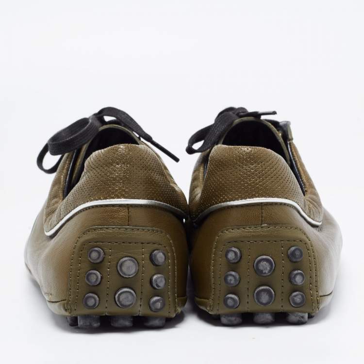 Pre Owned Gucci Army Green Leather Web Low Top Sneakers Size 44