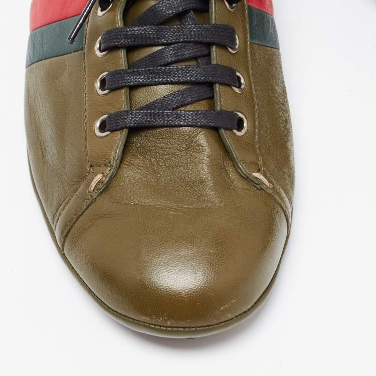 Pre Owned Gucci Army Green Leather Web Low Top Sneakers Size 44