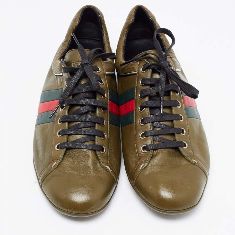 Pre Owned Gucci Army Green Leather Web Low Top Sneakers Size 44