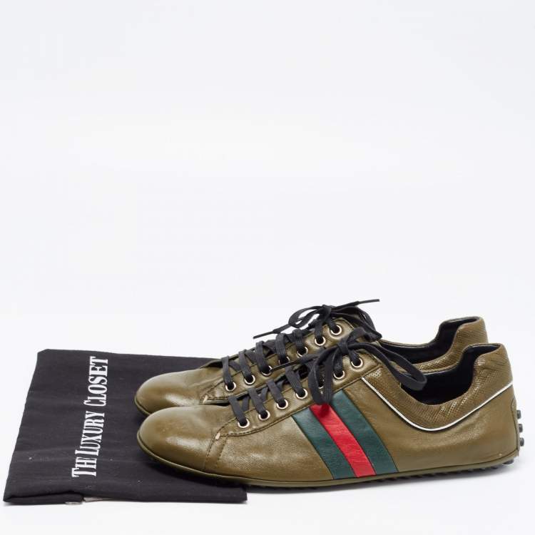 Pre Owned Gucci Army Green Leather Web Low Top Sneakers Size 44