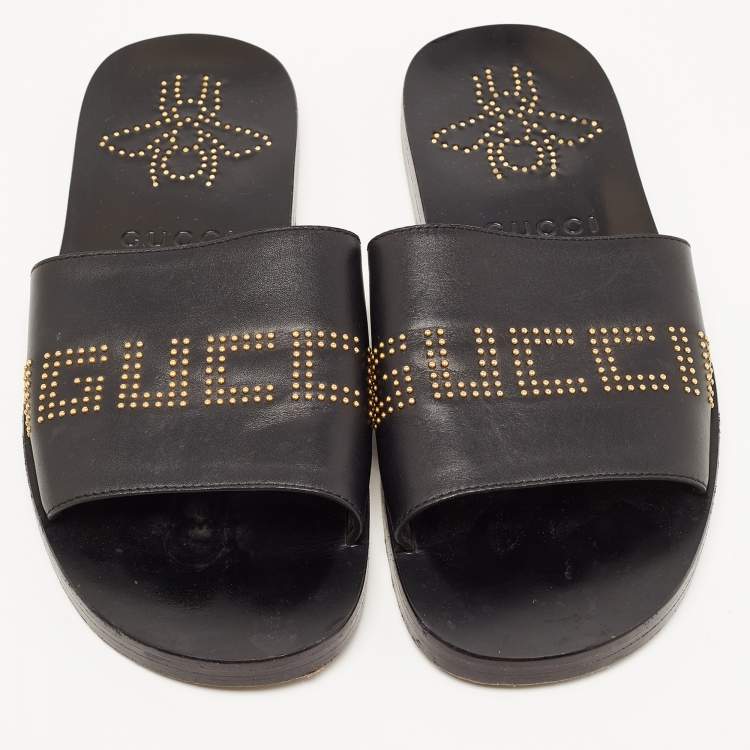 Pre Owned Gucci Black Leather Studded Bee Logo Slides Size 43