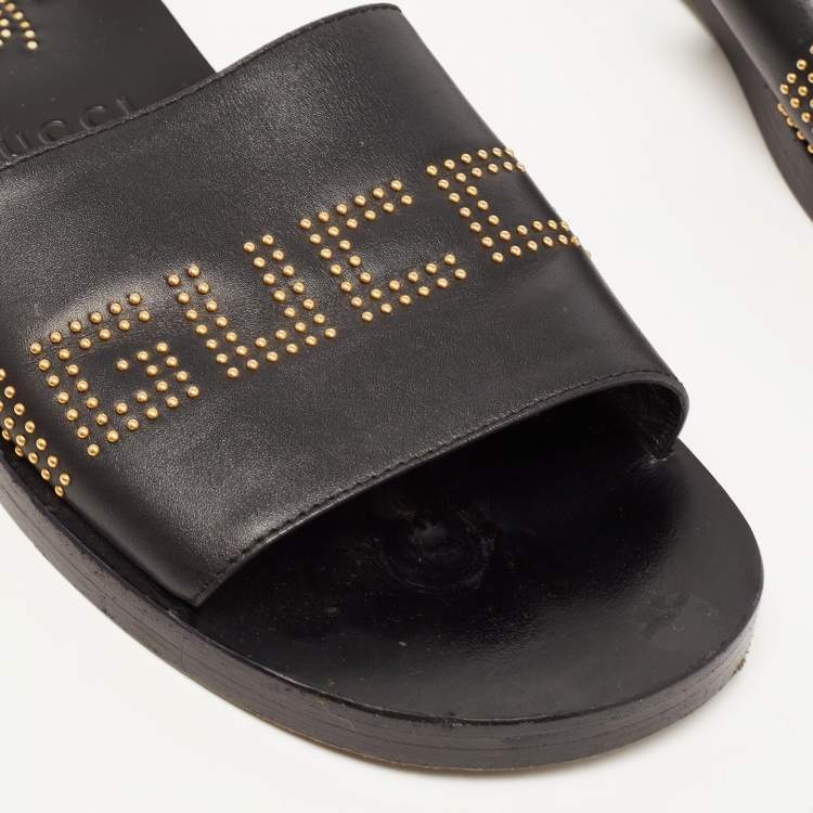 Pre Owned Gucci Black Leather Studded Bee Logo Slides Size 43