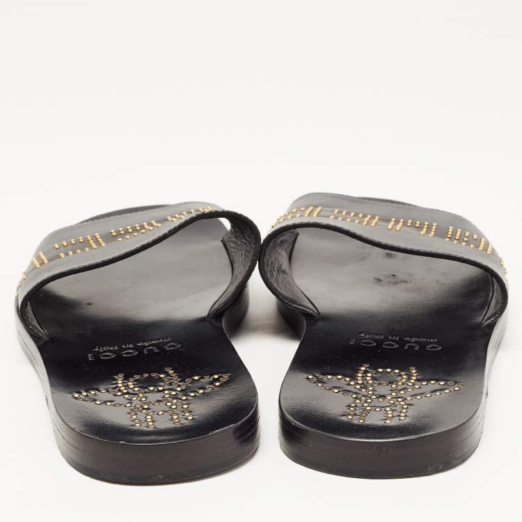 Pre Owned Gucci Black Leather Studded Bee Logo Slides Size 43